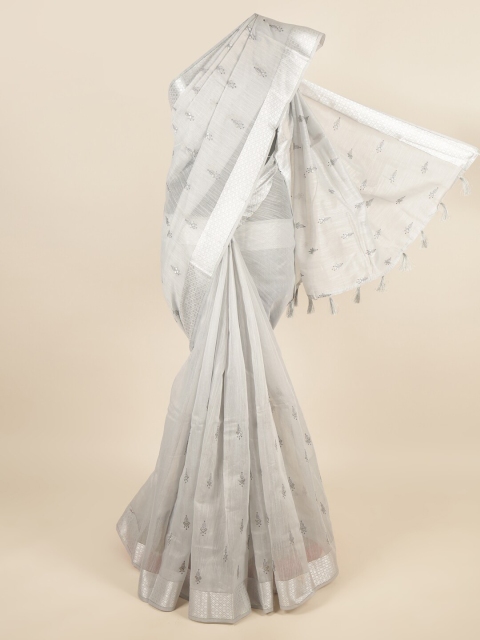 

Pothys Grey & Silver-Toned Floral Embroidered Zari Border Saree