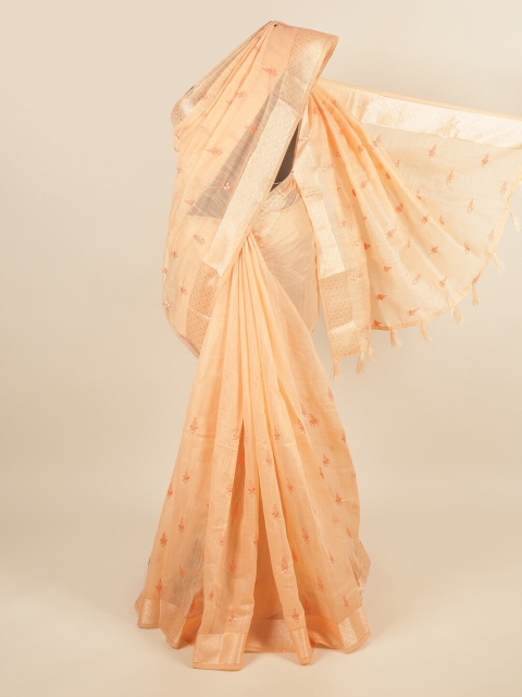 

Pothys Peach-Coloured Floral Embroidered Cotton Blend Saree