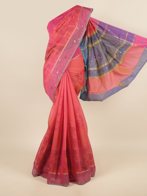 

Pothys Pink & Blue Floral Mirror Work Saree