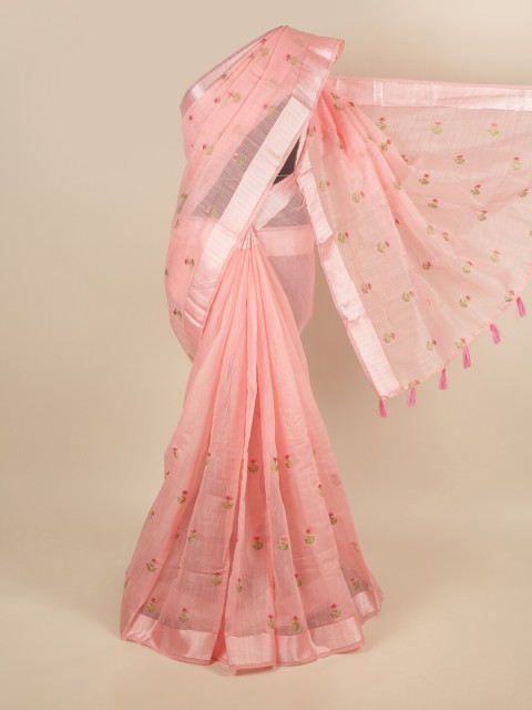 

Pothys Pink & Silver-Toned Floral Embroidered Zari Saree