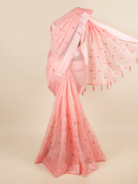 

Pothys Pink & Silver-Toned Floral Embroidered Saree