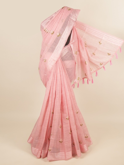 

Pothys Pink & Silver-Toned Floral Embroidered Saree