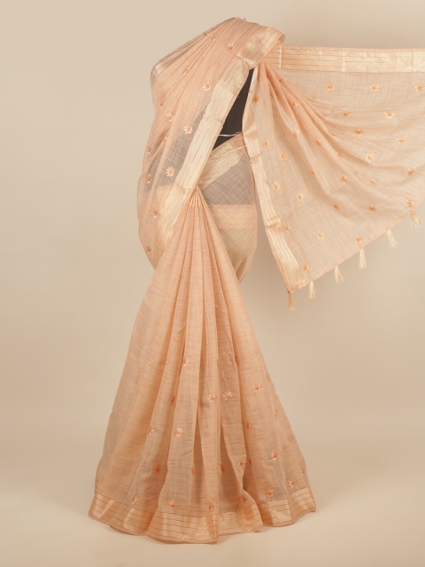 

Pothys Peach-Coloured & Gold-Coloured Ethnic Motifs Embroidered Saree