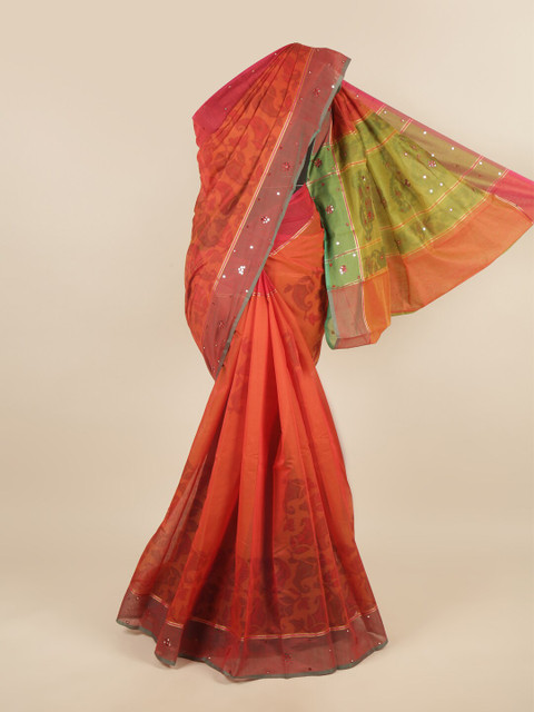 

Pothys Orange & Green Paisley Mirror Work Saree