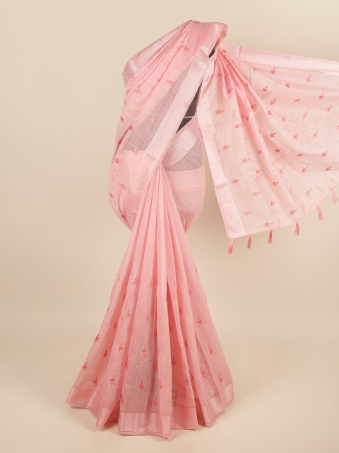 

Pothys Pink & Silver-Toned Floral Embroidered Saree