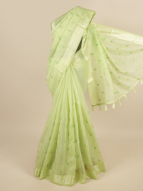 

Pothys Green & Silver-Toned Floral Embroidered Saree