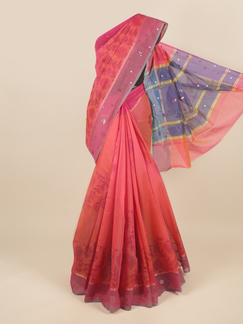 

Pothys Peach-Coloured & Pink Floral Mirror Work Saree