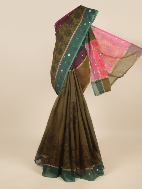 

Pothys Green & Pink Floral Mirror Work Saree