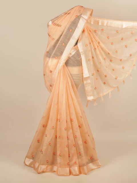 

Pothys Peach-Coloured & Gold-Coloured Ethnic Motifs Embroidered Saree