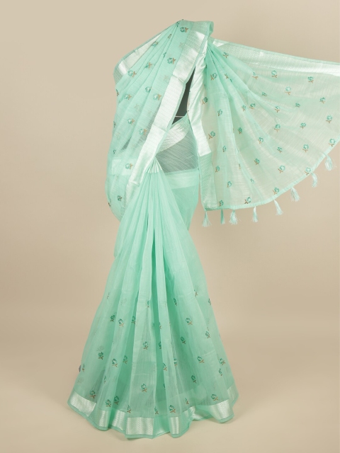 

Pothys Sea Green & Silver-Toned Floral Embroidered Saree