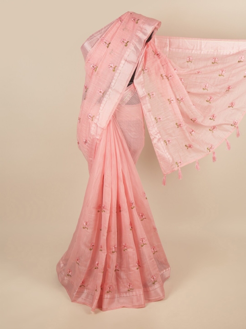 

Pothys Pink & Silver-Toned Floral Embroidered Zari Saree