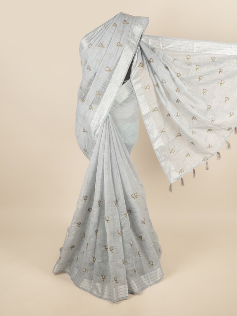 

Pothys Grey & Silver-Toned Floral Embroidered Saree