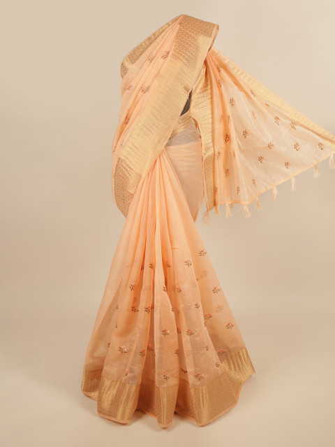 

Pothys Peach-Coloured & Gold-Toned Floral Embroidered Saree