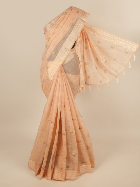 

Pothys Peach-Coloured & Green Floral Embroidered Saree