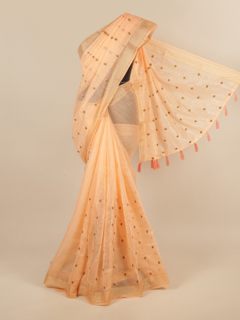 

Pothys Peach-Coloured & Gold-Toned Floral Embroidered Zari Border Saree