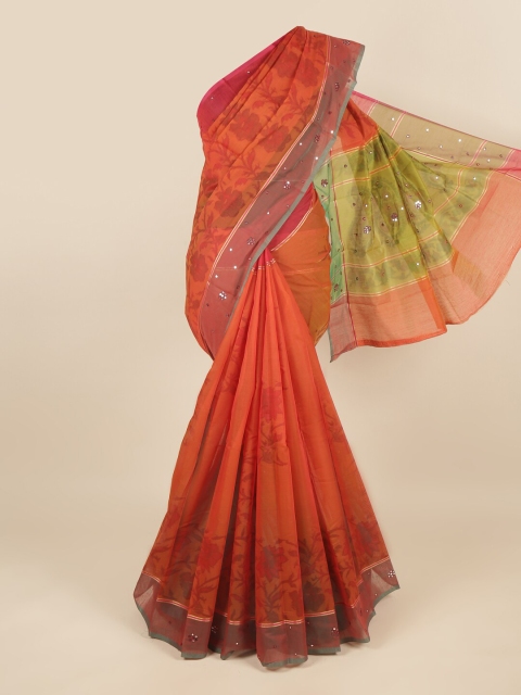 

Pothys Orange & Green Floral Printed Mirror Work Saree