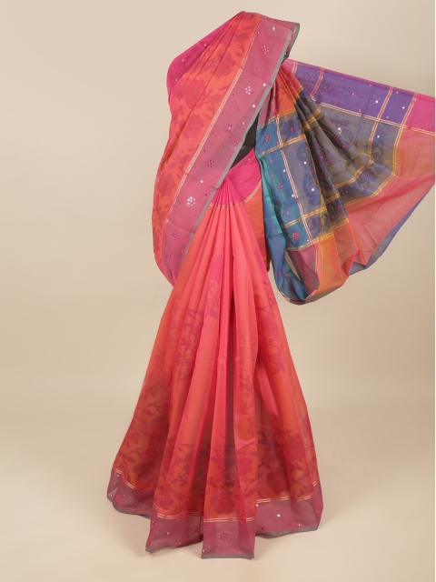 

Pothys Pink & Blue Floral Mirror Work Saree