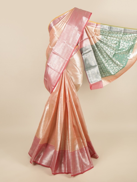 

Pothys Peach-Coloured & Silver-Toned Ethnic Motifs Zari Tissue Saree
