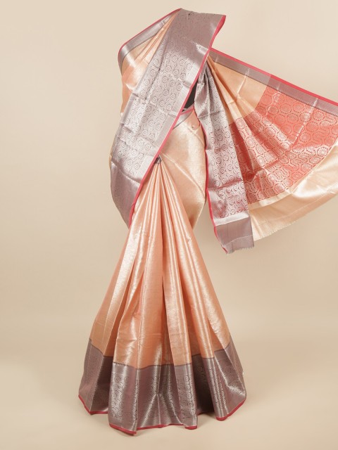 

Pothys Peach-Coloured & Silver-Toned Woven Design Zari Tissue Saree