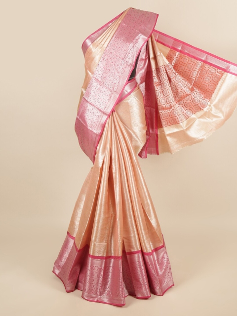 

Pothys Peach-Coloured & Silver-Coloured Floral Zari Tissue Saree