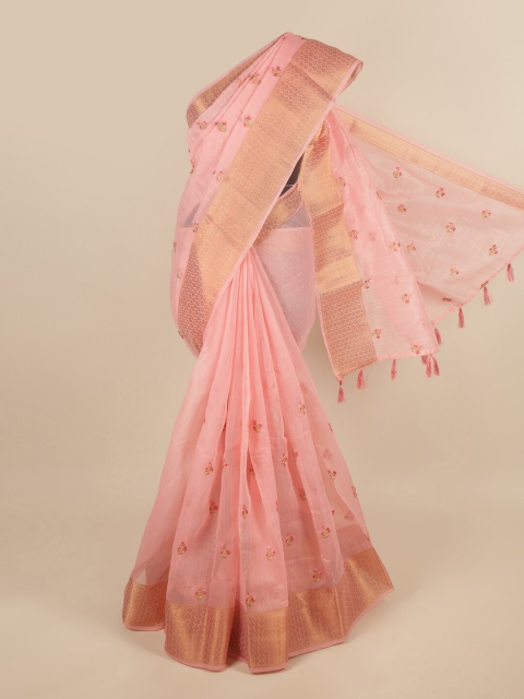 

Pothys Pink & Gold-Toned Floral Zari Saree