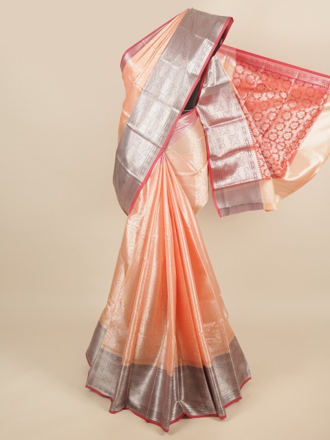 

Pothys Peach-Coloured & Silver-Toned Woven Design Zari Tissue Saree