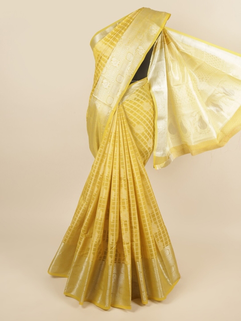

Pothys Green & Gold-Toned Checked Zari Saree