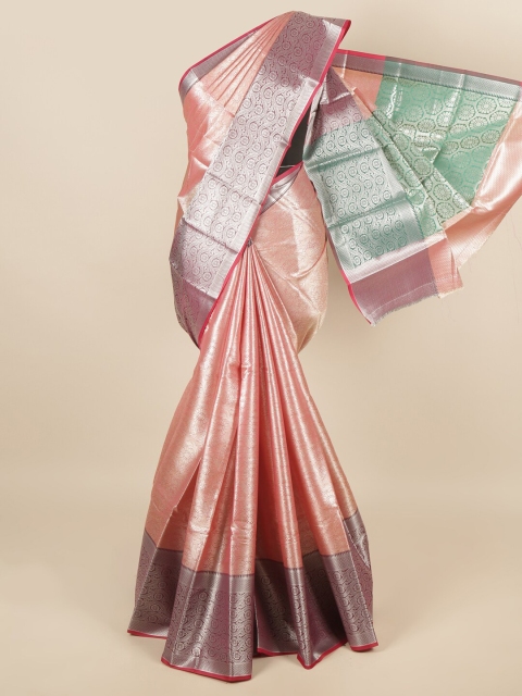 

Pothys Pink & Silver-Toned Ethnic Motifs Zari Tissue Saree