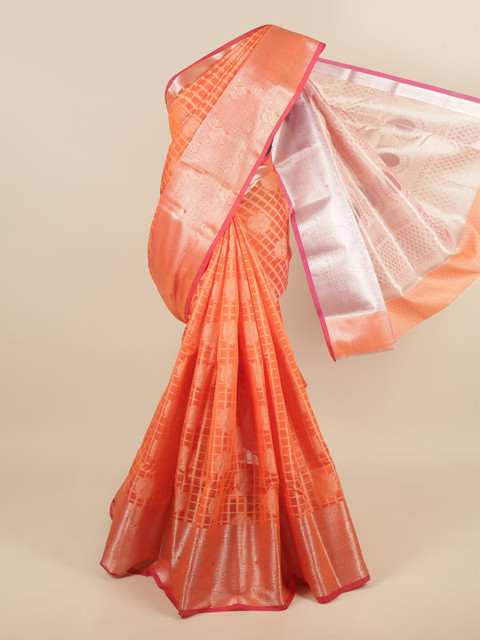 

Pothys Orange & Silver-Toned Ethnic Motifs Zari Saree