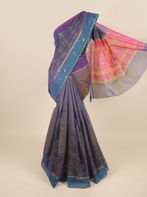 

Pothys Blue & Purple Floral Printed Mirror Work Saree