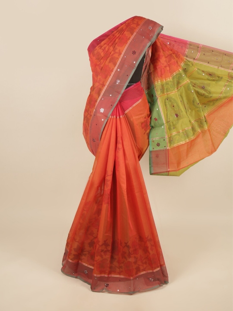 

Pothys Orange & Green Floral Printed Mirror Work Saree