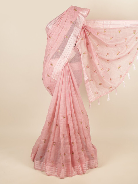 

Pothys Pink & Gold-Toned Floral Embroidered Zari Saree