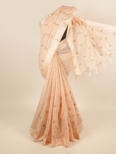 

Pothys Peach-Coloured & Green Floral Embroidered Saree