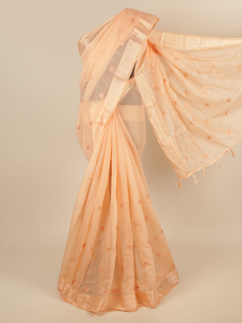 

Pothys Peach-Coloured & Gold-Toned Floral Zari Saree