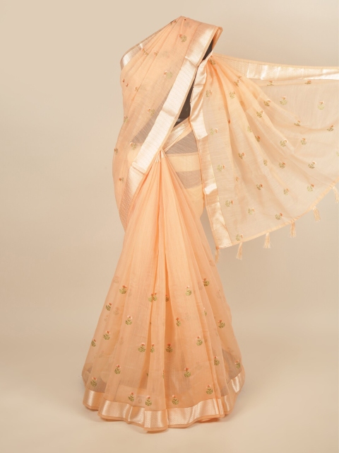

Pothys Peach-Coloured & Silver-Toned Floral Embroidered Zari Border Saree