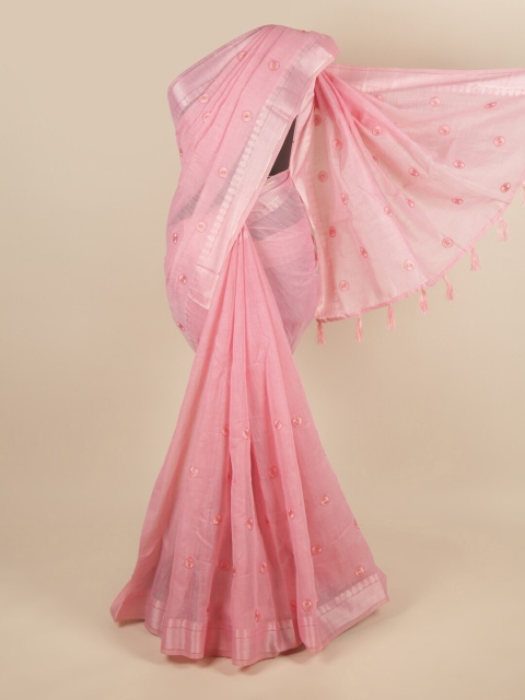

Pothys Pink & Silver-Toned Floral Embroidered Saree