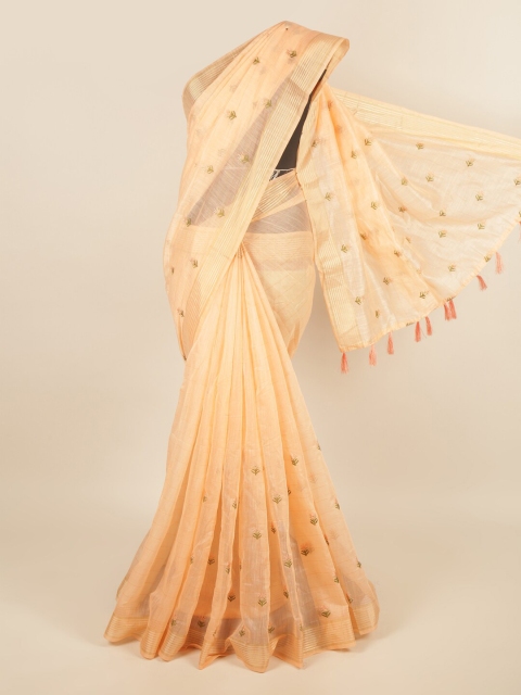

Pothys Peach-Coloured & Green Floral Embroidered Zari Border Saree