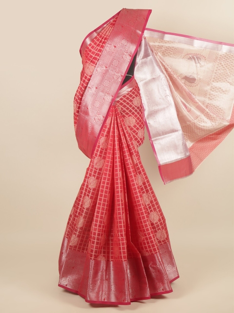 

Pothys Red & Silver-Toned Checked Zari Saree