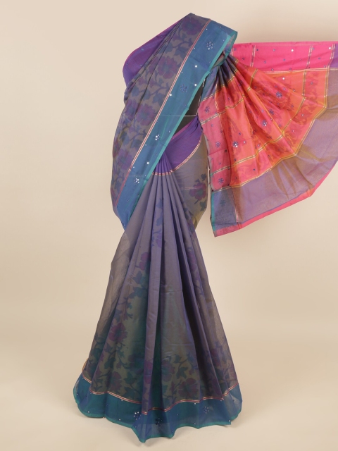 

Pothys Blue & Pink Floral Mirror Work Saree