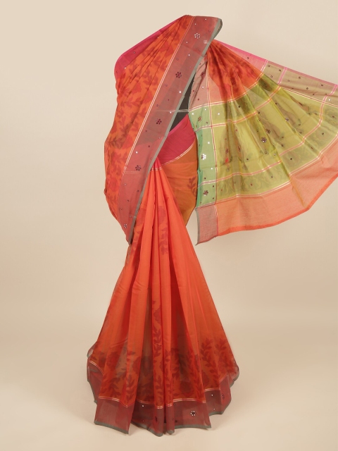 

Pothys Orange & Red Floral Mirror Work Saree