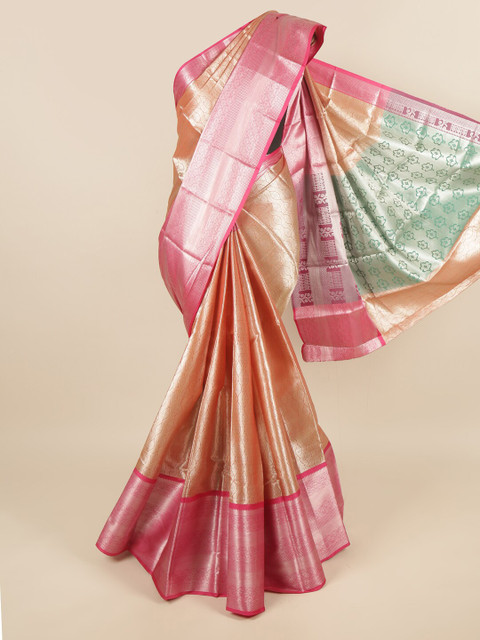 

Pothys Peach-Coloured & Green Ethnic Motifs Zari Tissue Saree