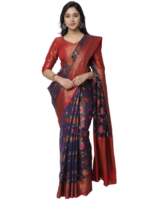 

PERFECTBLUE Blue & Pink Floral Silk Blend Saree