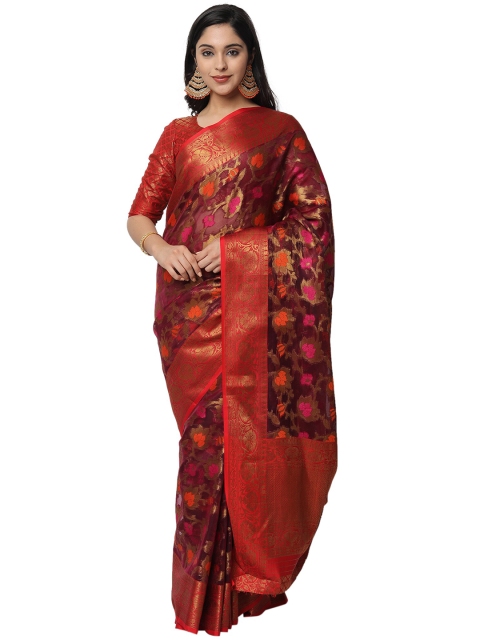 

PERFECTBLUE Brown & Red Woven Design Zari Silk Blend Saree