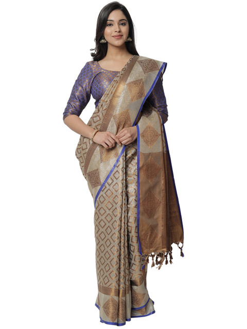 

PERFECTBLUE Blue & Brown Ethnic Motifs Zari Silk Blend Kanjeevaram Saree