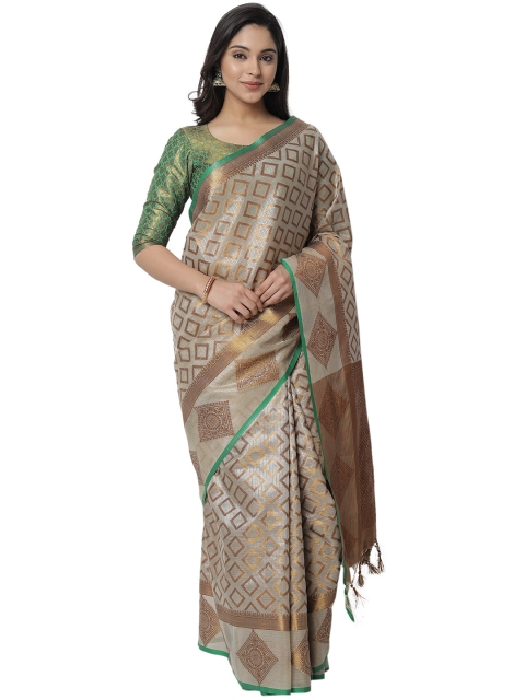 

PERFECTBLUE Green & Gold-Toned Ethnic Motifs Zari Silk Blend Saree