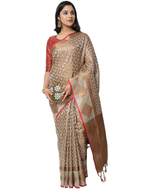 

PERFECTBLUE Tan & Red Woven Design Zari Silk Blend Saree
