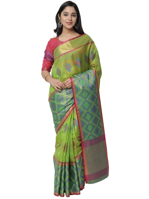 

PERFECTBLUE Green & Fuchsia Ethnic Motifs Zari Silk Blend Saree