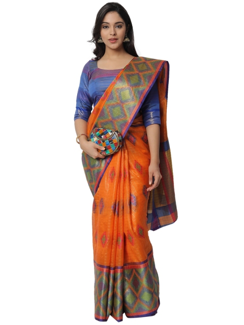 

PERFECTBLUE Orange & Blue Ethnic Motifs Zari Silk Blend Saree