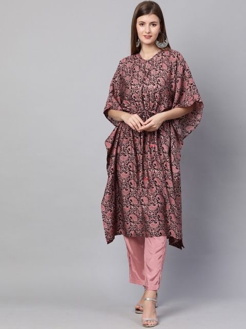 

FASHOR Women Black Ethnic Motifs Printed Kaftan Kurta with Trousers