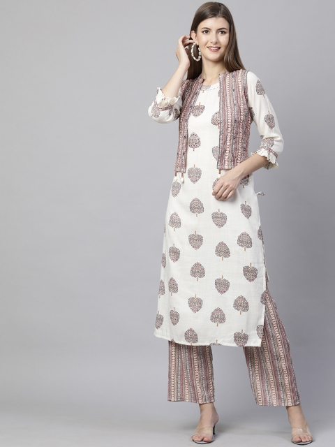 

FASHOR Women Off White Ethnic Motifs Printed Kurta with Trousers